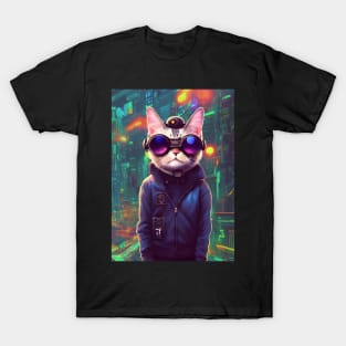 Cool Japanese Techno Cat In Japan Neon City T-Shirt